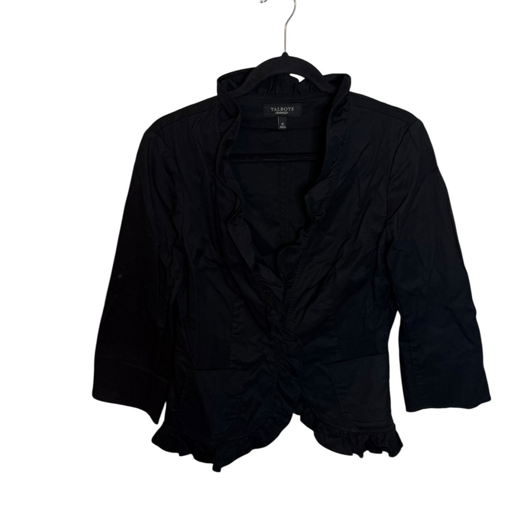 Talbots Black Ruffle Collar Clasp Blazer